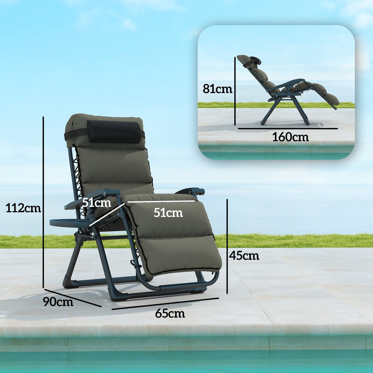 2 Piece Zero Gravity Folding Reclining Chair w/ Cushion, Headrest & Cupholder, Grey