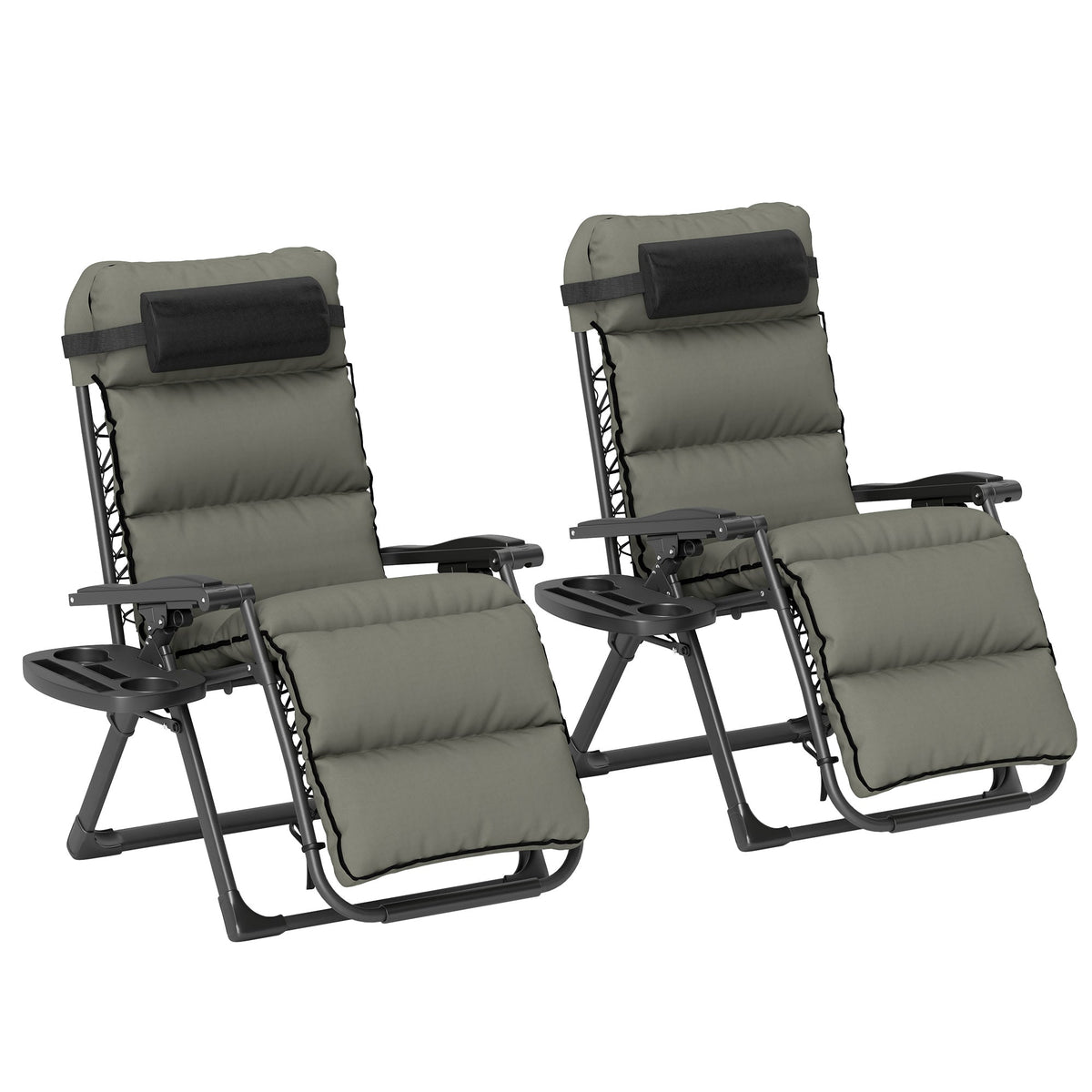 2 Piece Zero Gravity Folding Reclining Chair w/ Cushion, Headrest & Cupholder, Grey