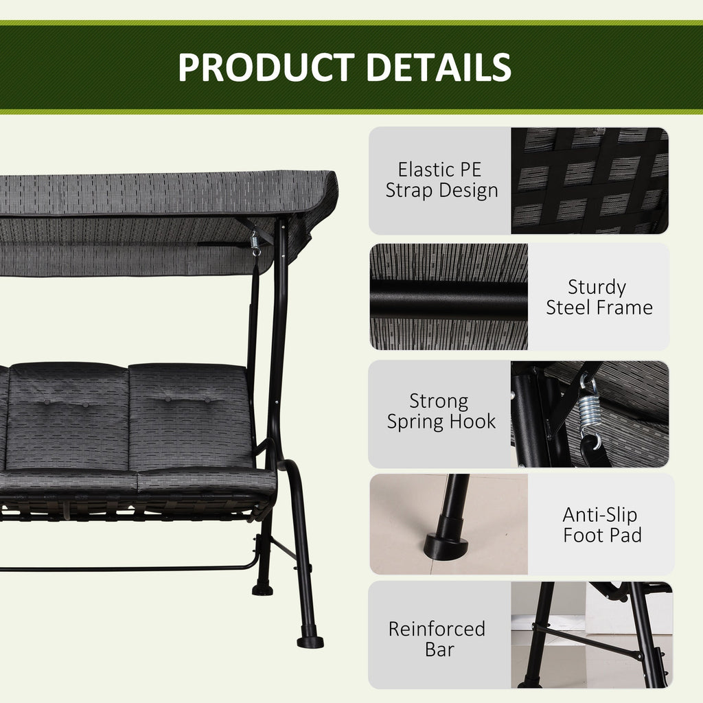 3-Person Cushioned Swing Bench w/ Adjustable Canopy & Weather Resistant Frame, Grey