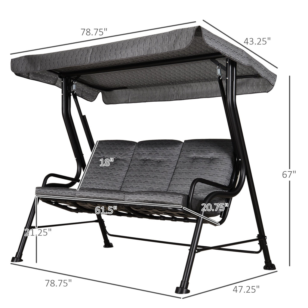 3-Person Cushioned Swing Bench w/ Adjustable Canopy & Weather Resistant Frame, Grey