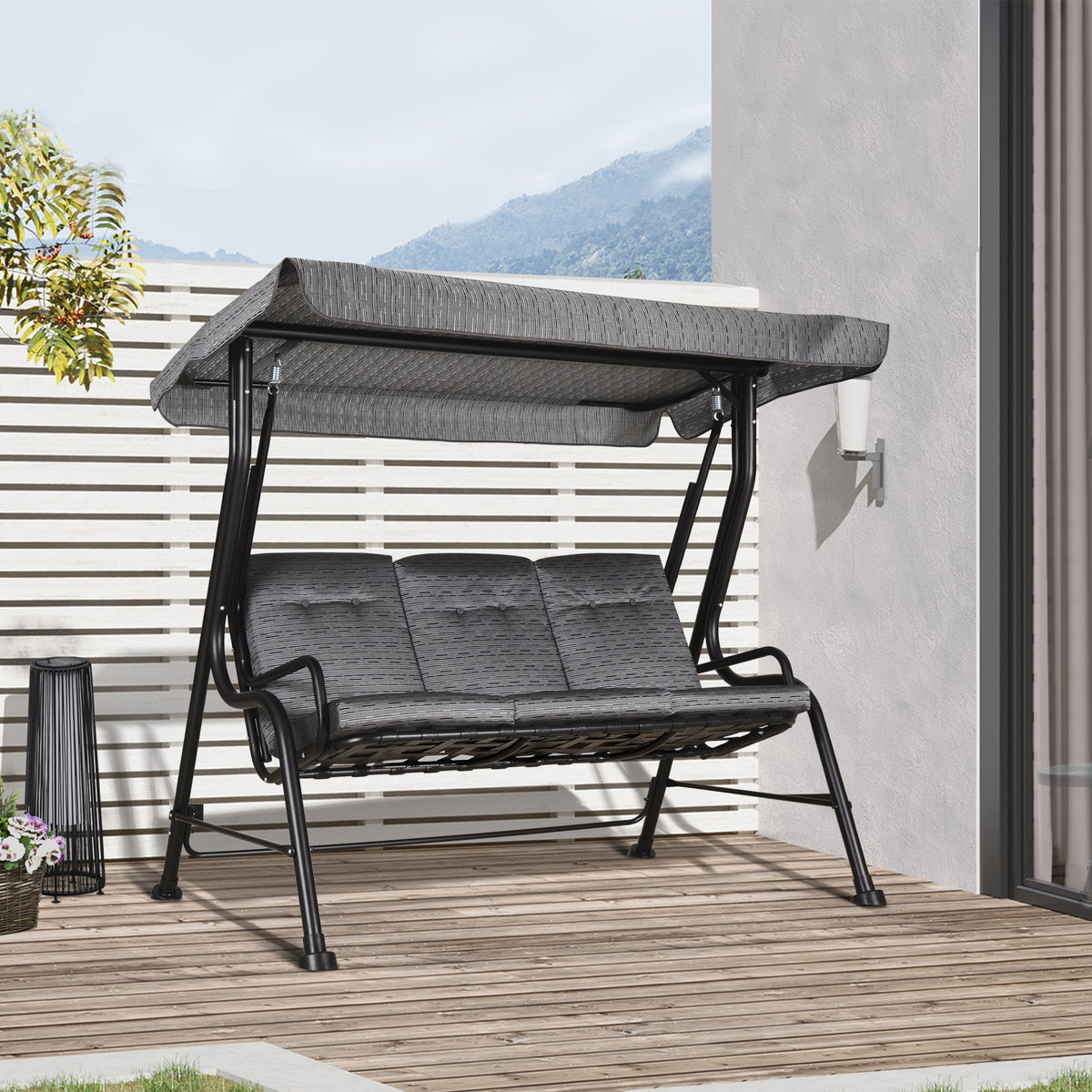 3-Person Cushioned Swing Bench w/ Adjustable Canopy & Weather Resistant Frame, Grey