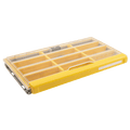 Plano EDGE 3600 Flex fishing tackle box with multiple adjustable compartments, clear lid, and yellow accents, designed for organized fishing tackle storage.