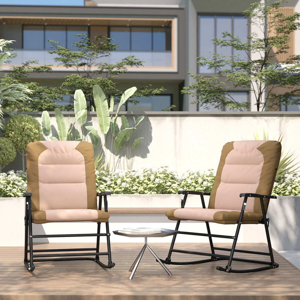 Patio Folding Rocking Chair Set of 2 Padded Rockers with Armrest & Headrest, Light Brown