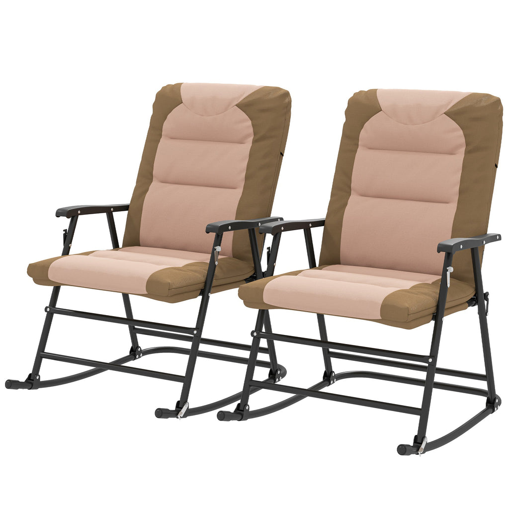 Patio Folding Rocking Chair Set of 2 Padded Rockers with Armrest & Headrest, Light Brown