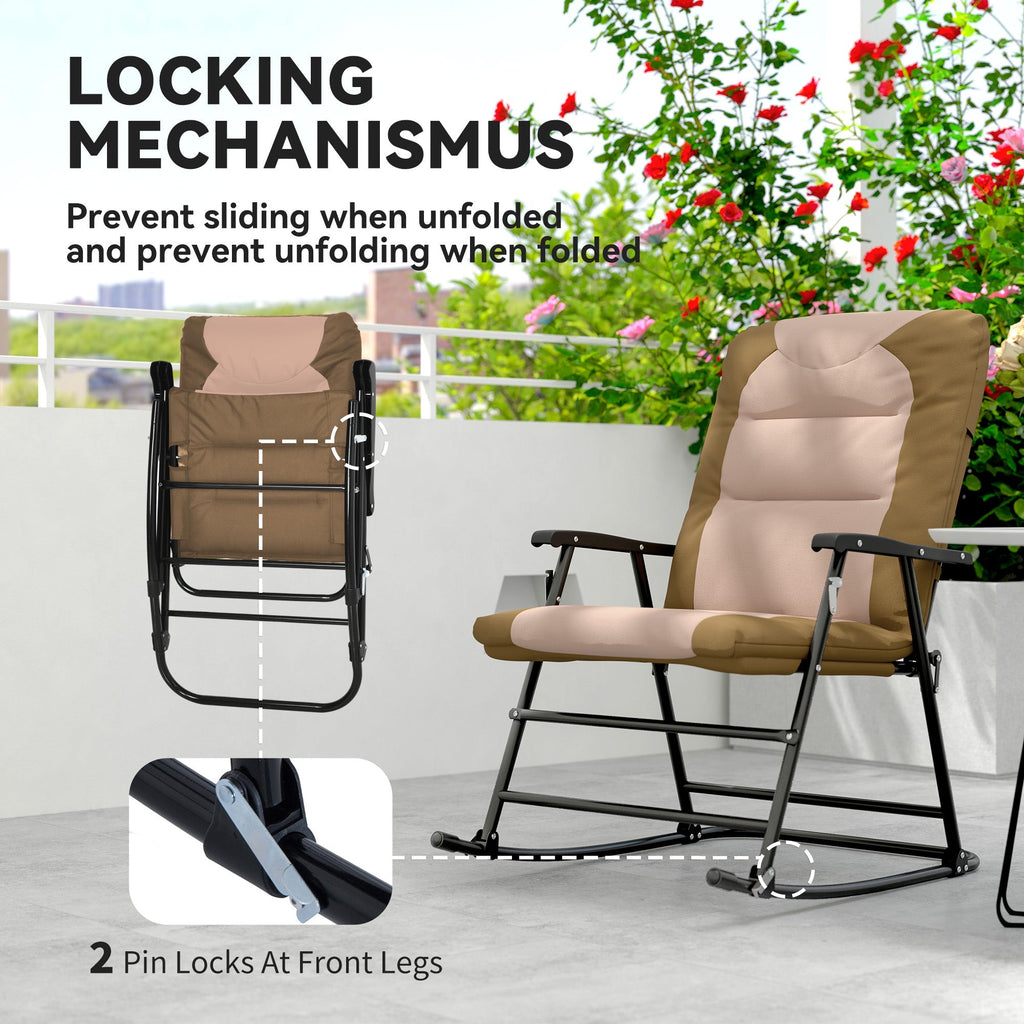 Patio Folding Rocking Chair Set of 2 Padded Rockers with Armrest & Headrest, Light Brown