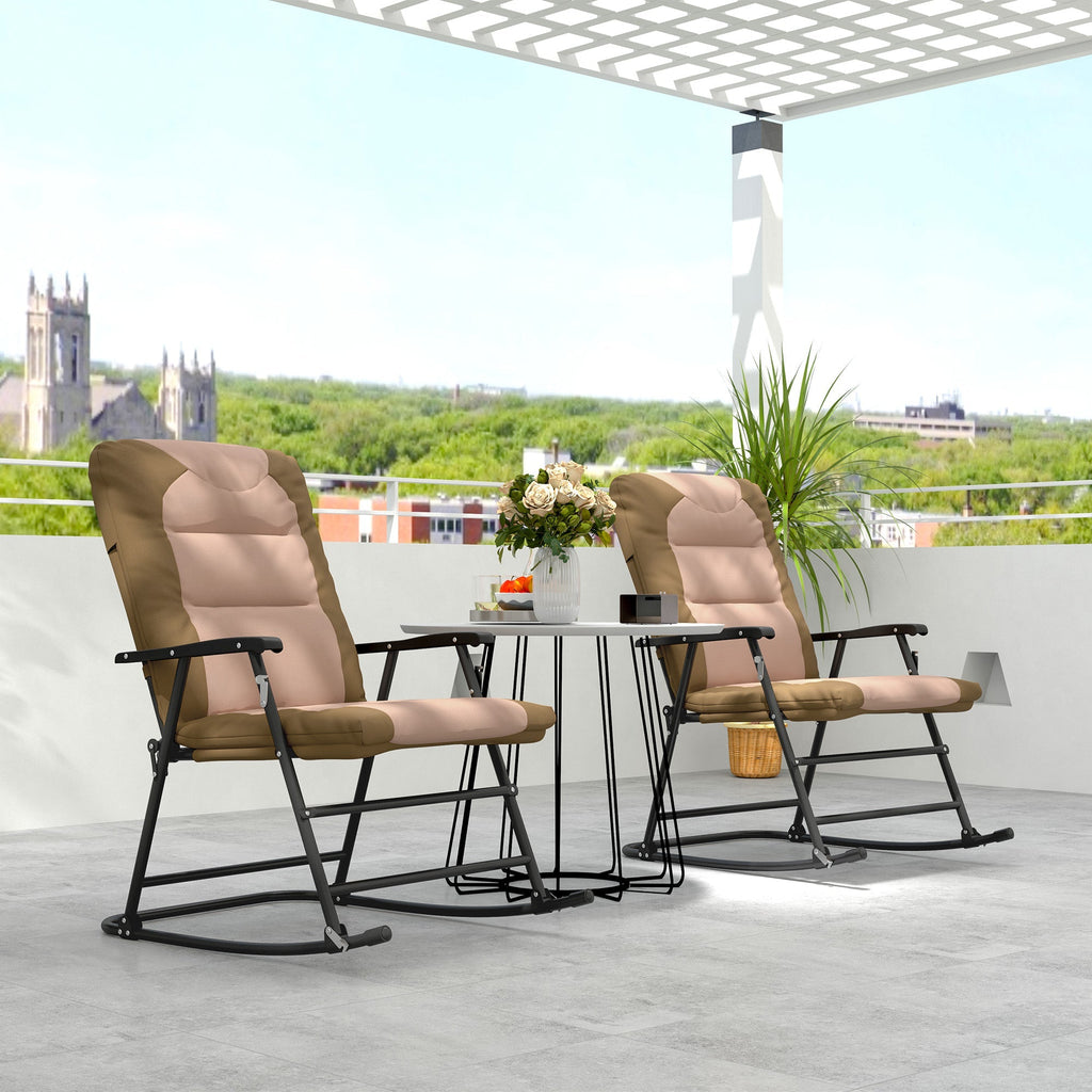 Patio Folding Rocking Chair Set of 2 Padded Rockers with Armrest & Headrest, Light Brown