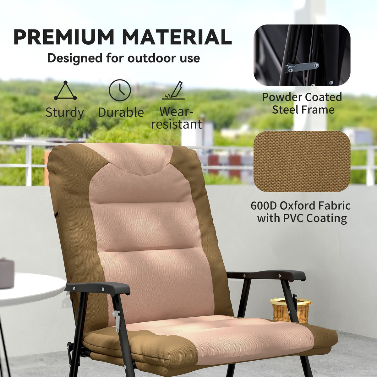 Patio Folding Rocking Chair Set of 2 Padded Rockers with Armrest & Headrest, Light Brown