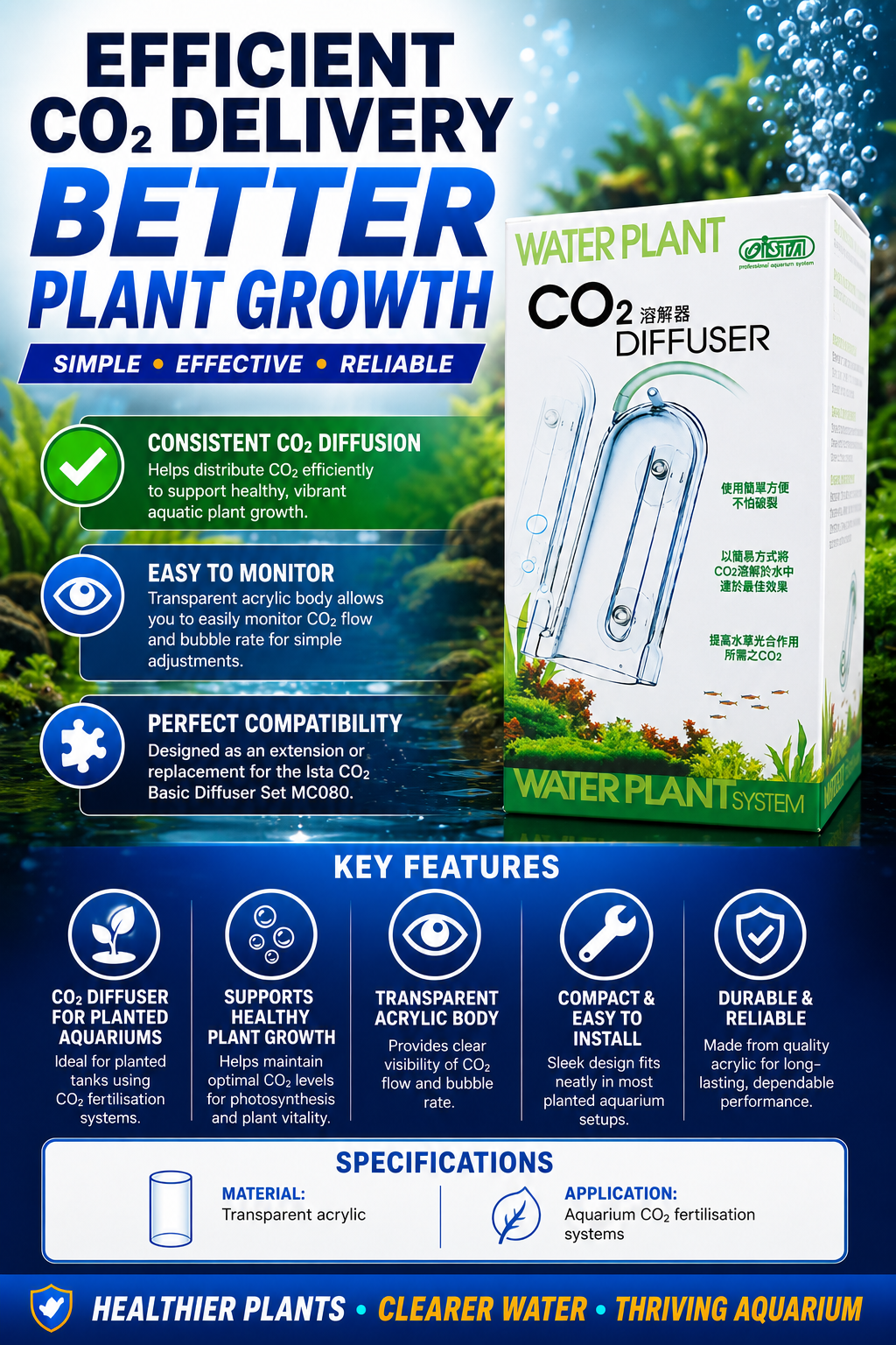 Ista CO2 Diffuser Acrylic Replacement for MC080 Planted Aquarium