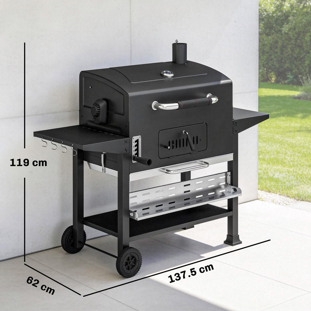 Charcoal BBQ Grill Smoker with Rotisserie Kit and Side Tables, Black
