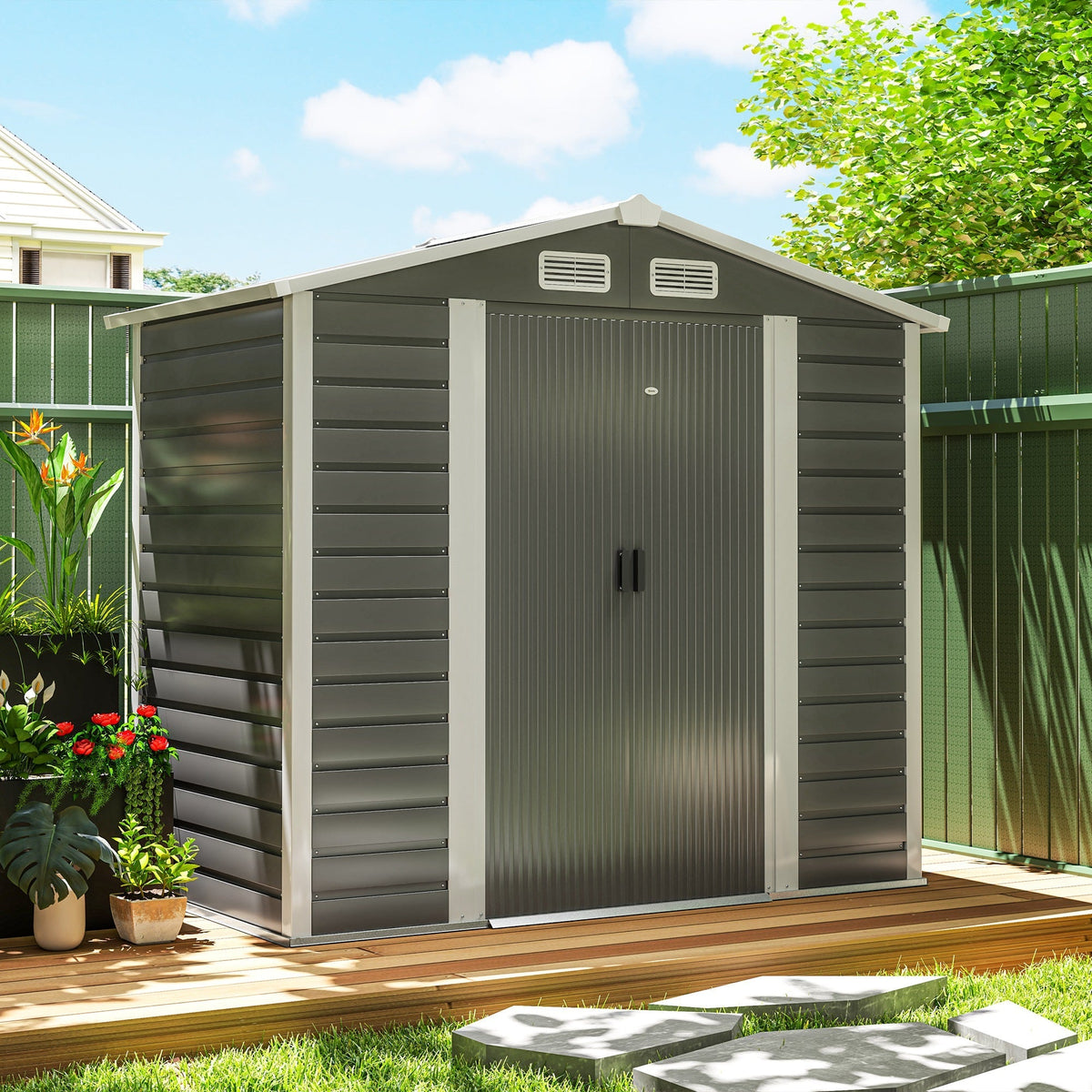 7' x 4' Upgraded Outdoor Storage Shed with Foundation Kit & Double Doors with Lock, Easy to Assemble, Dark Grey
