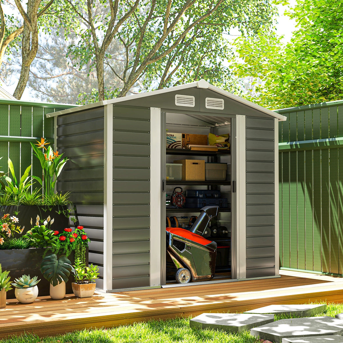 EverBase 7 x 4ft Garden Storage Shed with Upgraded Steel Frame and Double Doors with Lock, Dark Grey