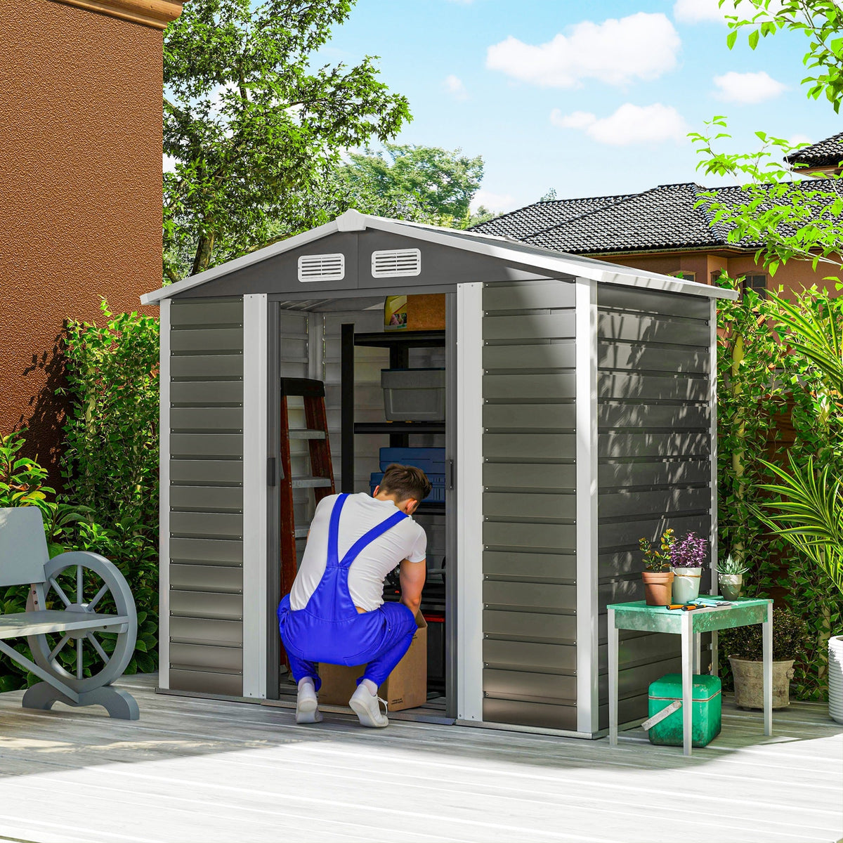 7' x 4' Upgraded Outdoor Storage Shed with Foundation Kit & Double Doors with Lock, Easy to Assemble, Dark Grey