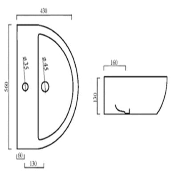 Emme 560mm Basin - 1 Tap Hole (Pedestal Option)