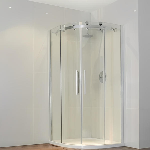 Frameless Curved Quadrant Shower Enclosure w/ Cut-Out Top Panel & 2 Sliding Doors