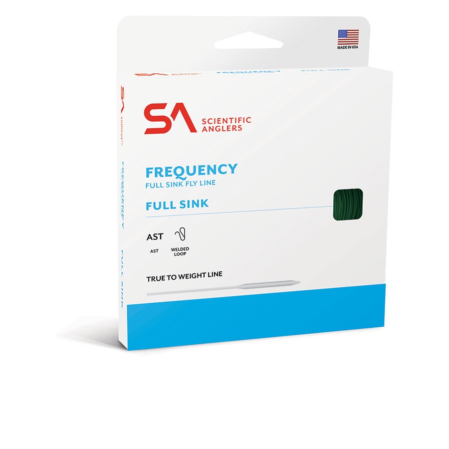 Box packaging of Scientific Anglers Frequency Full Sink Fly Line showing logo, product name, and a small window revealing green fly line inside, designed for fishing tackle enthusiasts.