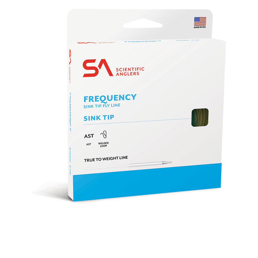 Scientific Anglers Frequency Sink Tip Fly Line packaging showing a white box with red and blue branding, highlighting its welded loop and true to weight line features for fishing tackle.