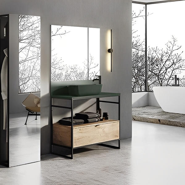 Indus Freestanding Vanity Frame with 1 Drawer Incl Worktop and Forest Green Basin - All Sizes