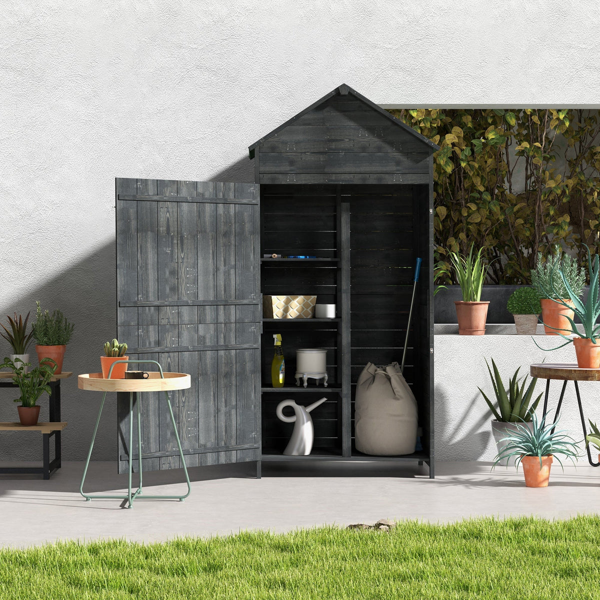 ROWAN Wooden Storage Shed with Lockable Double Doors & Shelves, Grey