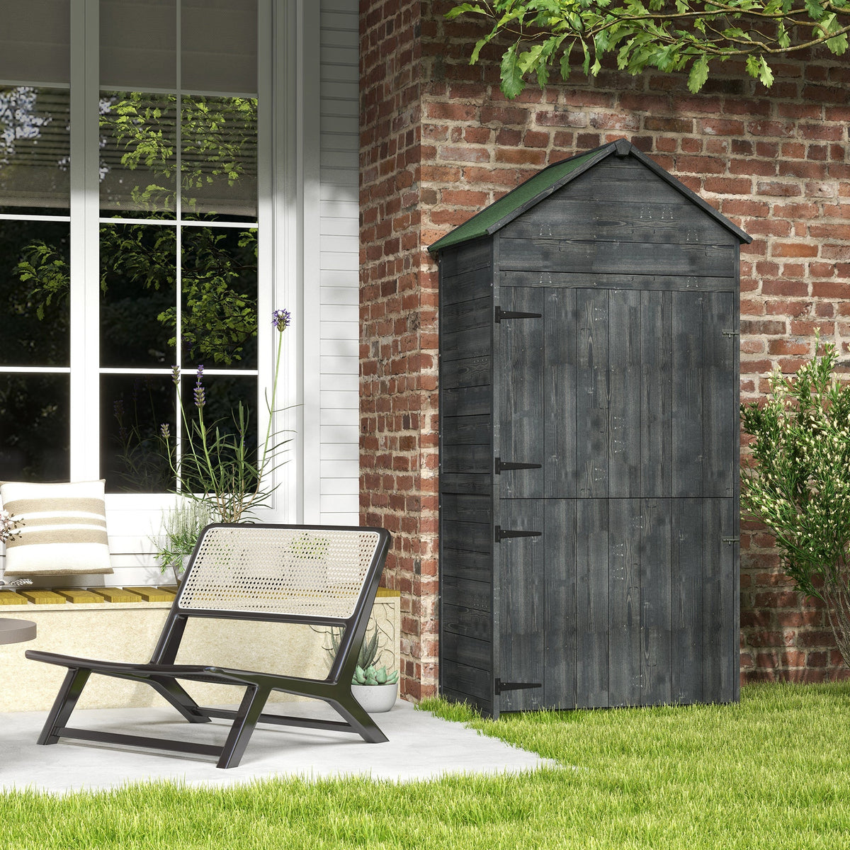 ROWAN Wooden Storage Shed with Lockable Double Doors & Shelves, Grey