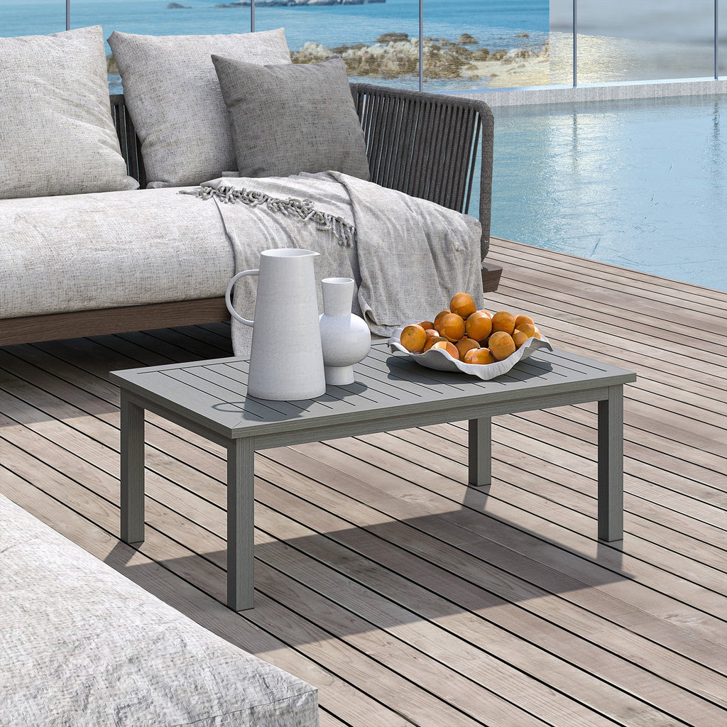 Aluminium Patio Side Table with Wood Grain Effect & Slat Tabletop, 100cm x 60cm, Grey