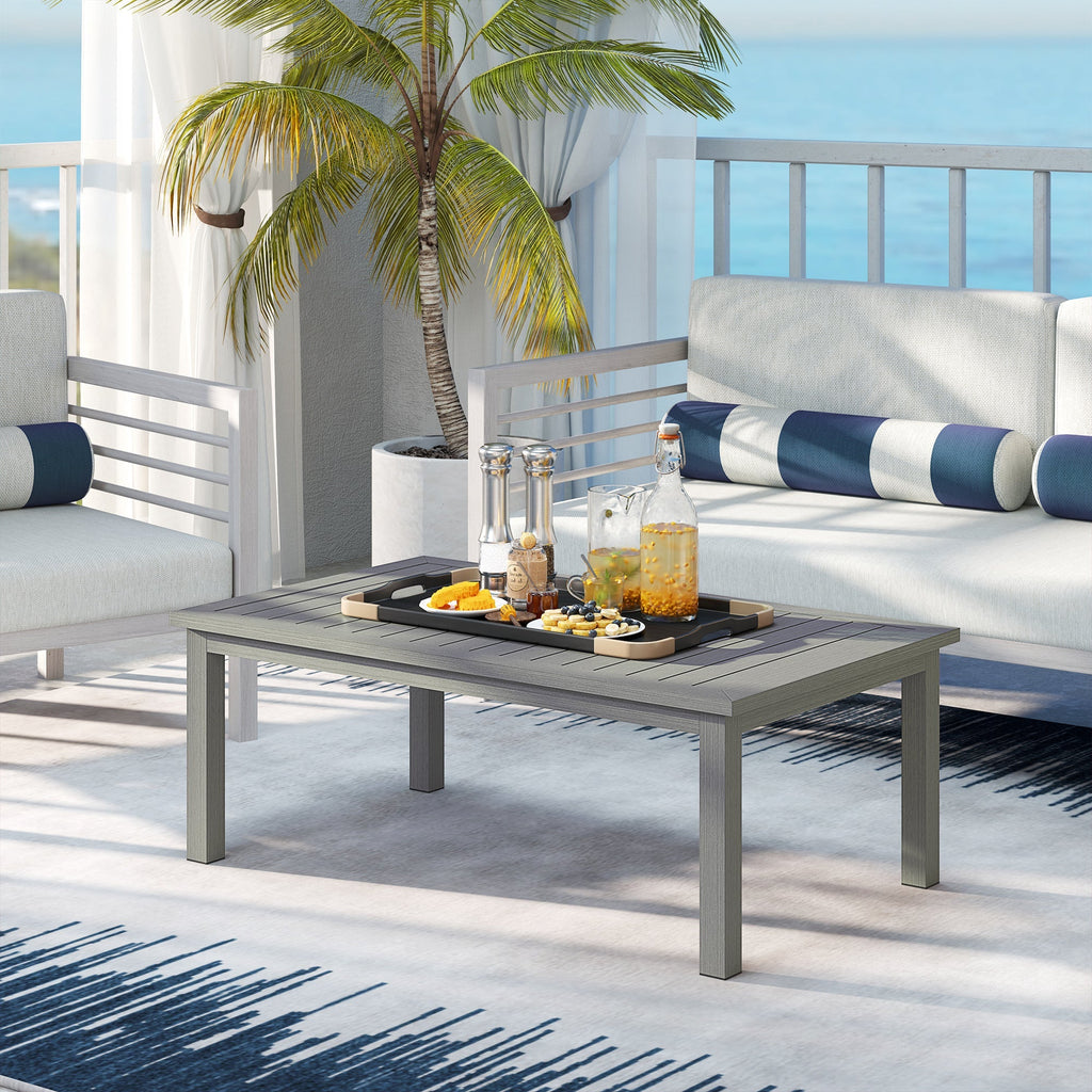 Aluminium Patio Side Table with Wood Grain Effect & Slat Tabletop, 100cm x 60cm, Grey