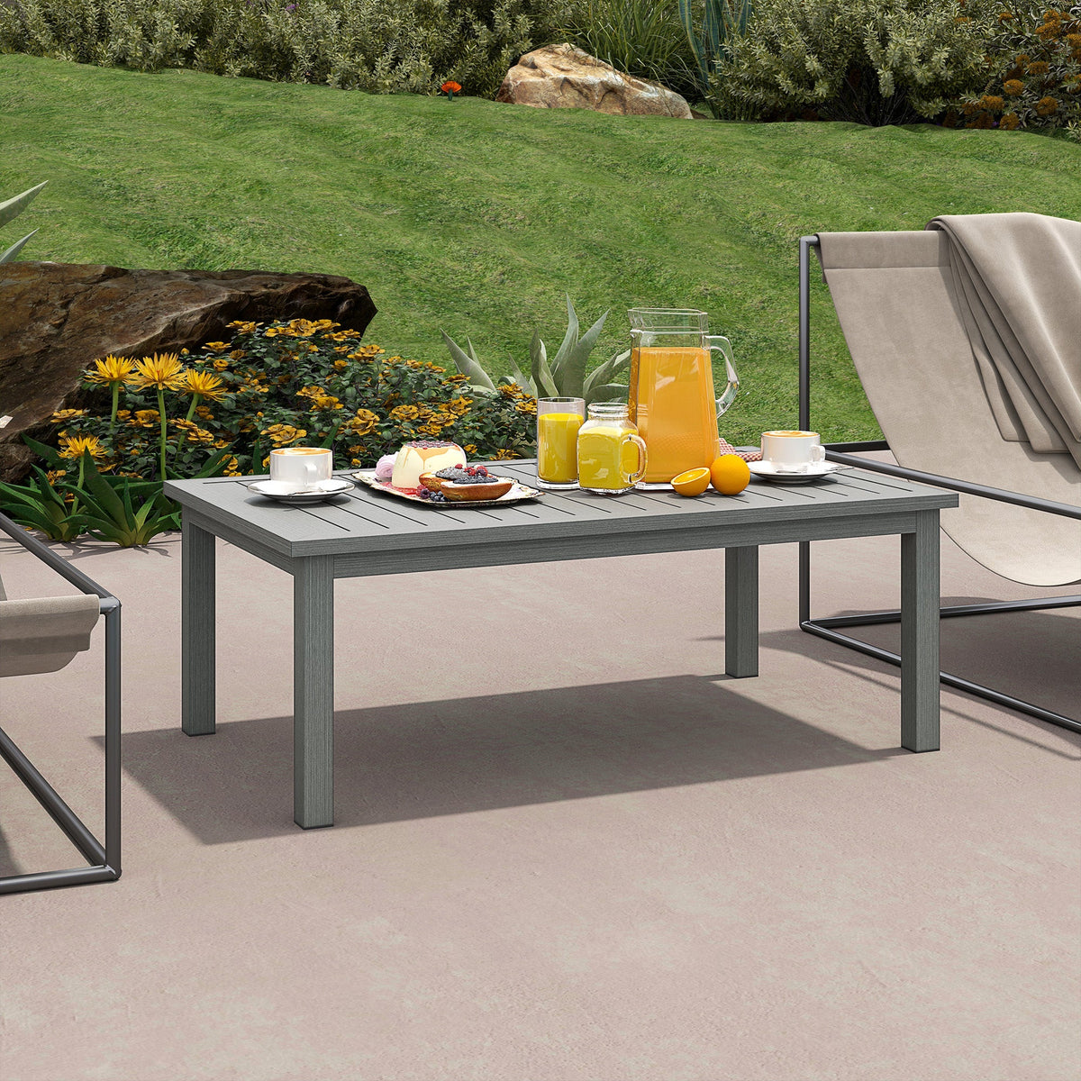 Aluminium Patio Side Table with Wood Grain Effect & Slat Tabletop, 100cm x 60cm, Grey