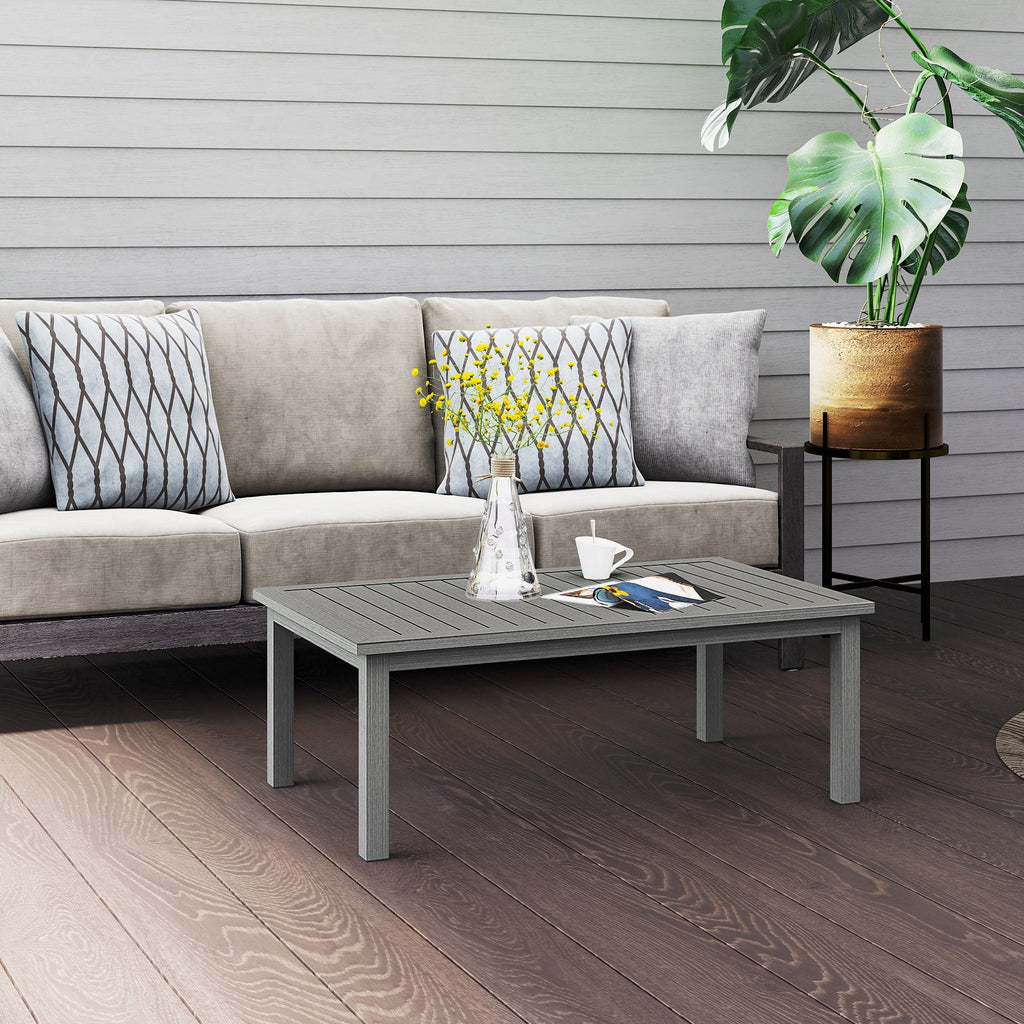 Aluminium Patio Side Table with Wood Grain Effect & Slat Tabletop, 100cm x 60cm, Grey