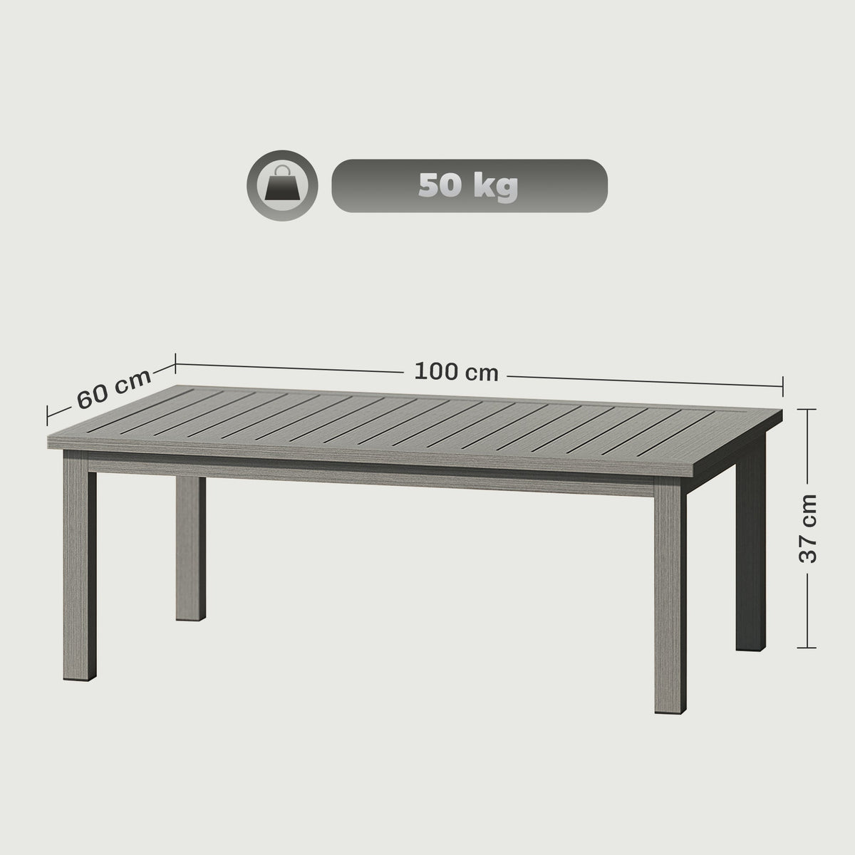 Aluminium Patio Side Table with Wood Grain Effect & Slat Tabletop, 100cm x 60cm, Grey