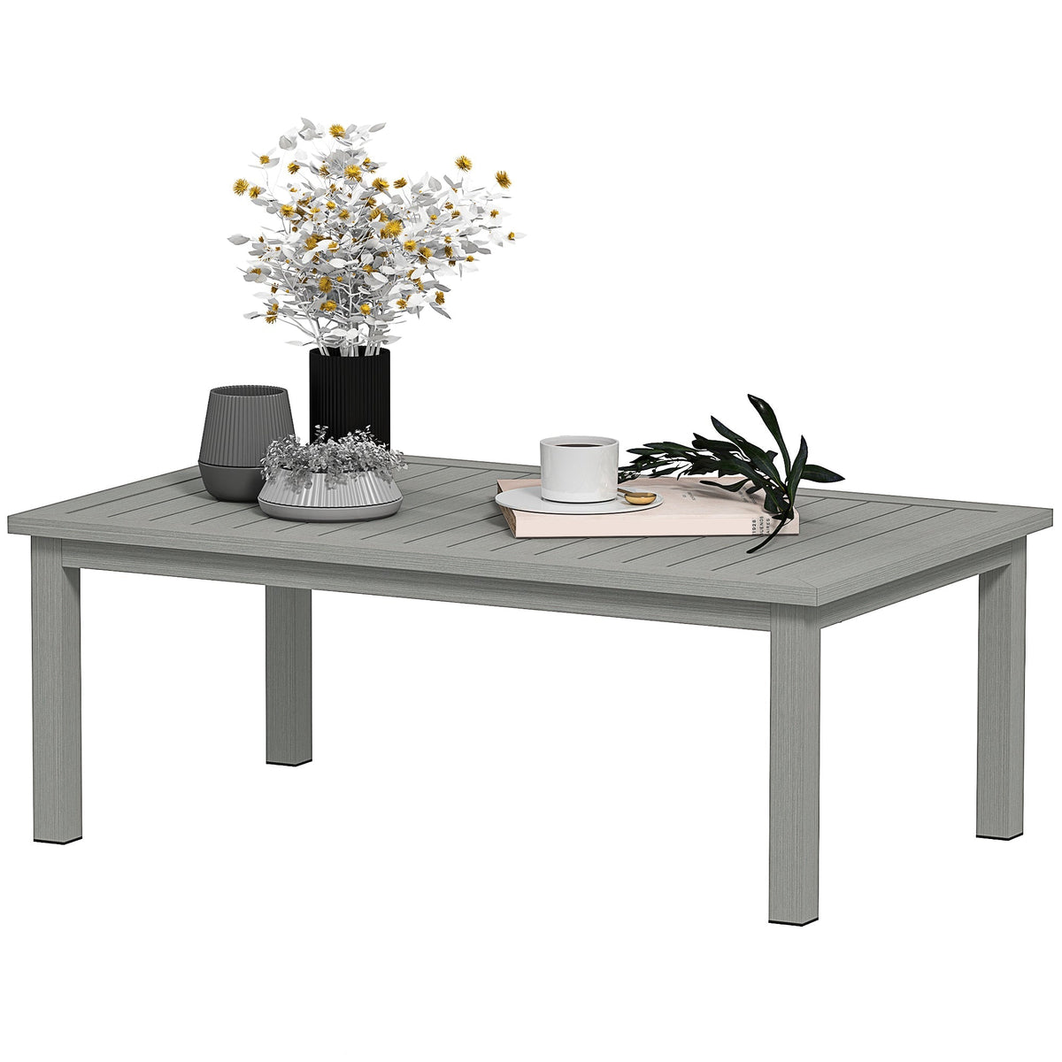 Aluminium Patio Side Table with Wood Grain Effect & Slat Tabletop, 100cm x 60cm, Grey
