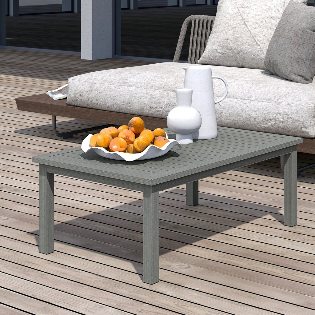 Aluminium Patio Side Table with Wood Grain Effect & Slat Tabletop, 100cm x 60cm, Grey