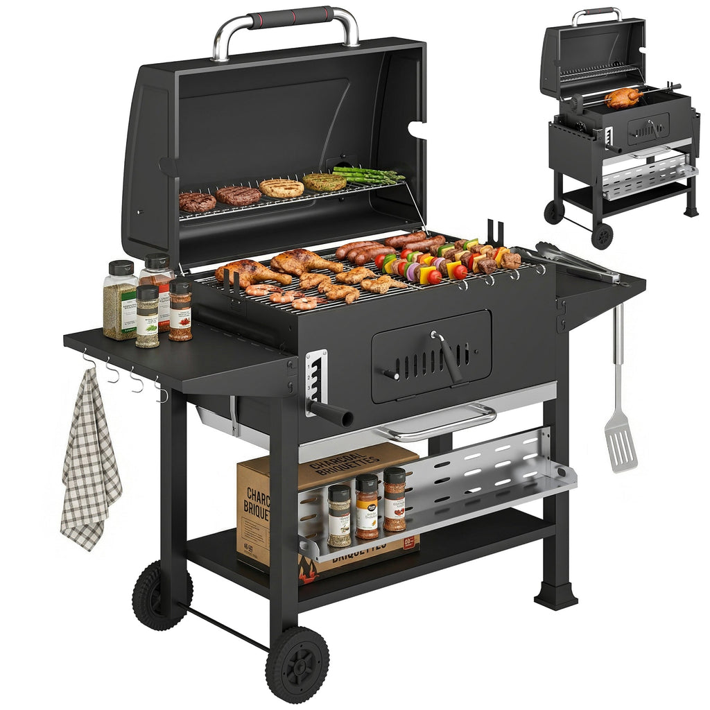 Charcoal BBQ Grill Smoker with Rotisserie Kit and Side Tables, Black