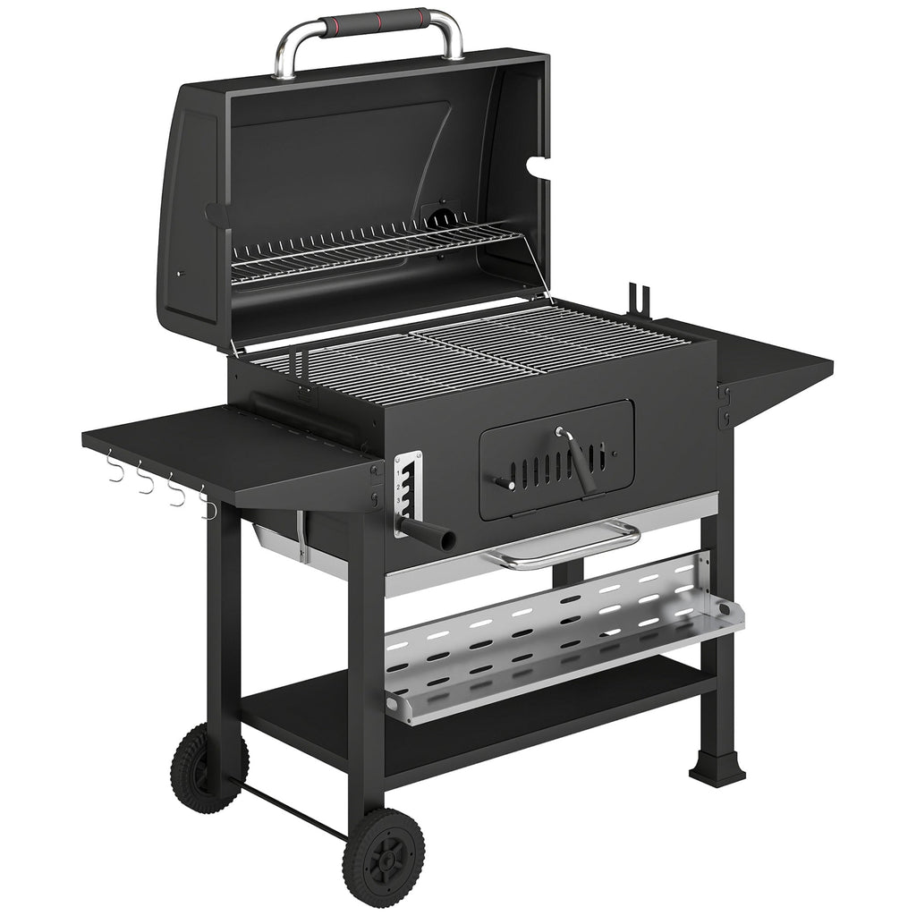 Charcoal BBQ Grill Smoker with Rotisserie Kit and Side Tables, Black
