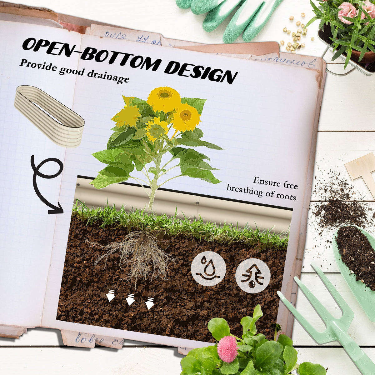 6.5' x 2' x 1.4' Galvanized Raised Garden Bed Kit, Outdoor Metal Elevated Planter Box with Safety Edging, Easy DIY Stock Tank for Growing Flowers, Herbs & Vegetables, Cream