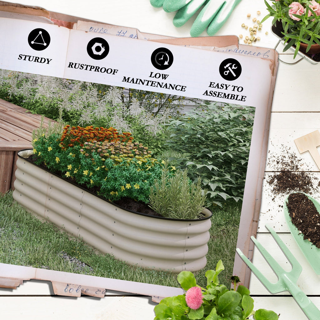 6.5' x 2' x 1.4' Galvanized Raised Garden Bed Kit, Outdoor Metal Elevated Planter Box with Safety Edging, Easy DIY Stock Tank for Growing Flowers, Herbs & Vegetables, Cream
