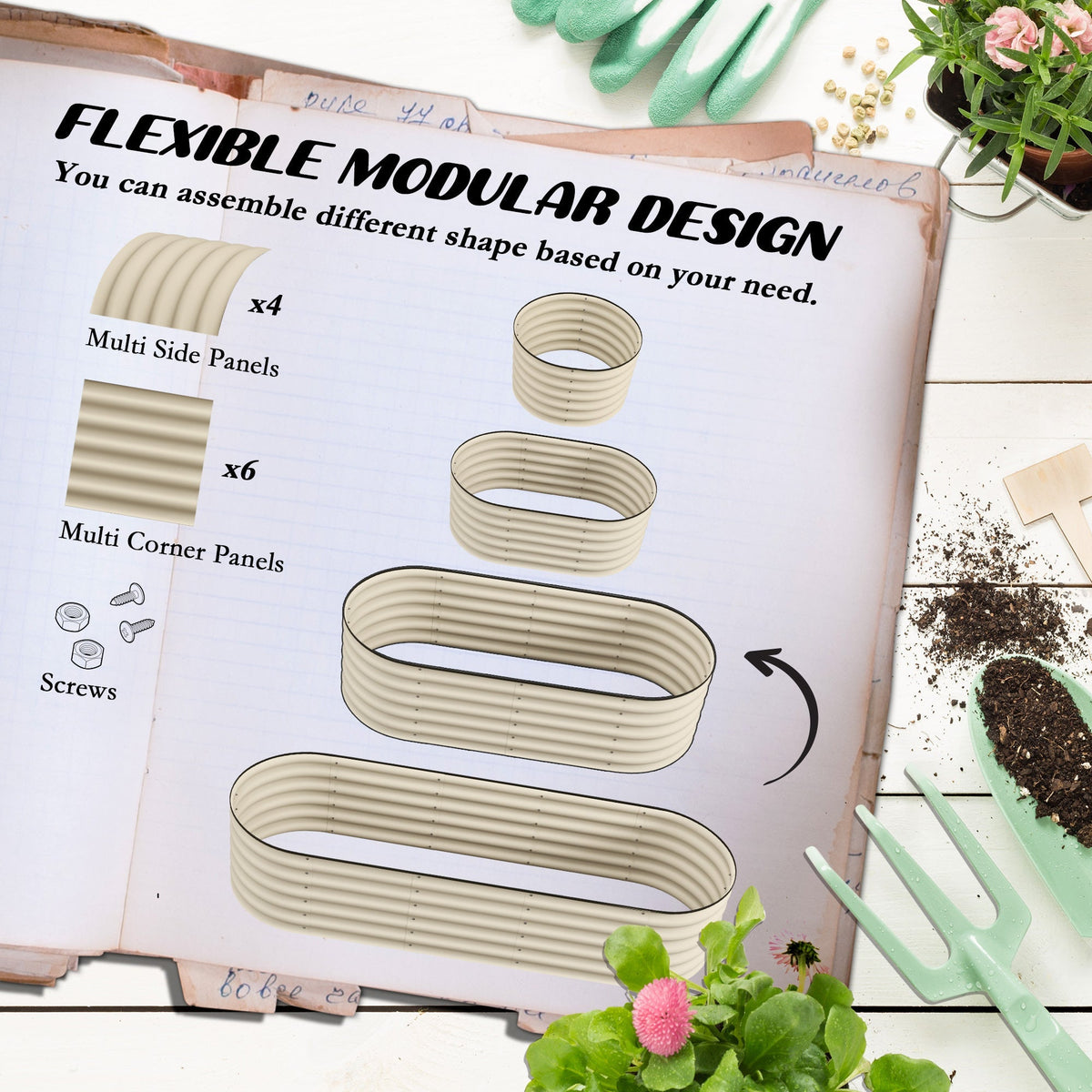 6.5' x 2' x 1.4' Galvanized Raised Garden Bed Kit, Outdoor Metal Elevated Planter Box with Safety Edging, Easy DIY Stock Tank for Growing Flowers, Herbs & Vegetables, Cream