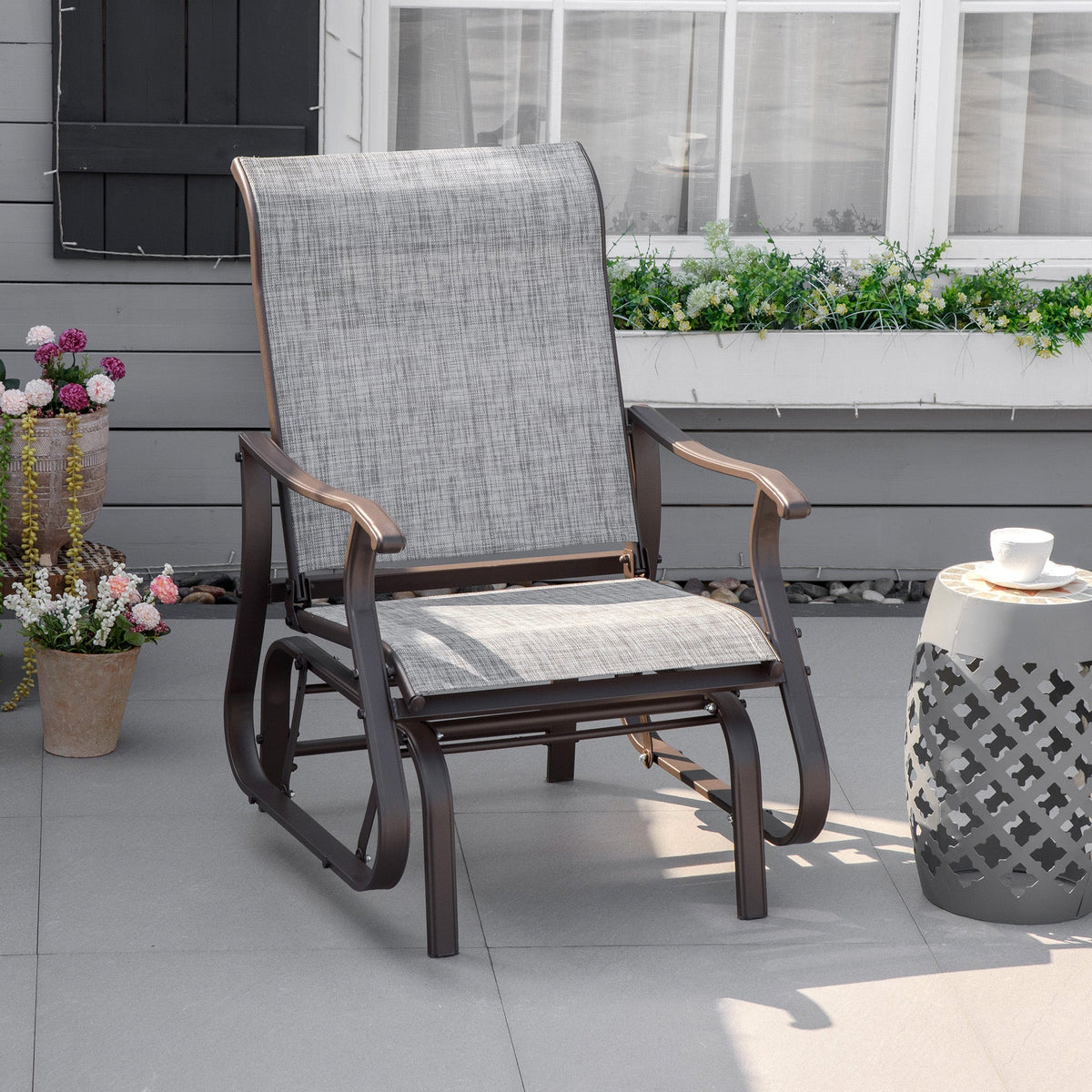 Outdoor Patio Glider Chair with Steel Frame & Mesh Fabric for Backyard & Porch, Grey