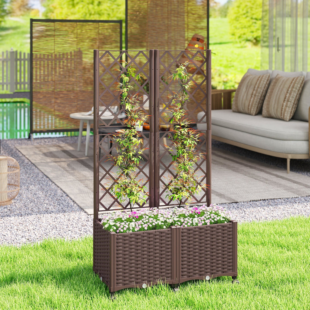 56.3" Self-Watering Planter Box with Trellis and Wheels, Brown