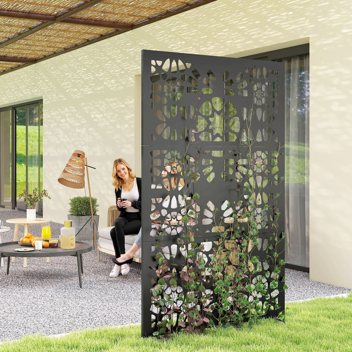 72" x 38" Metal Outdoor Privacy Screen, Symmetrical Pattern, Black