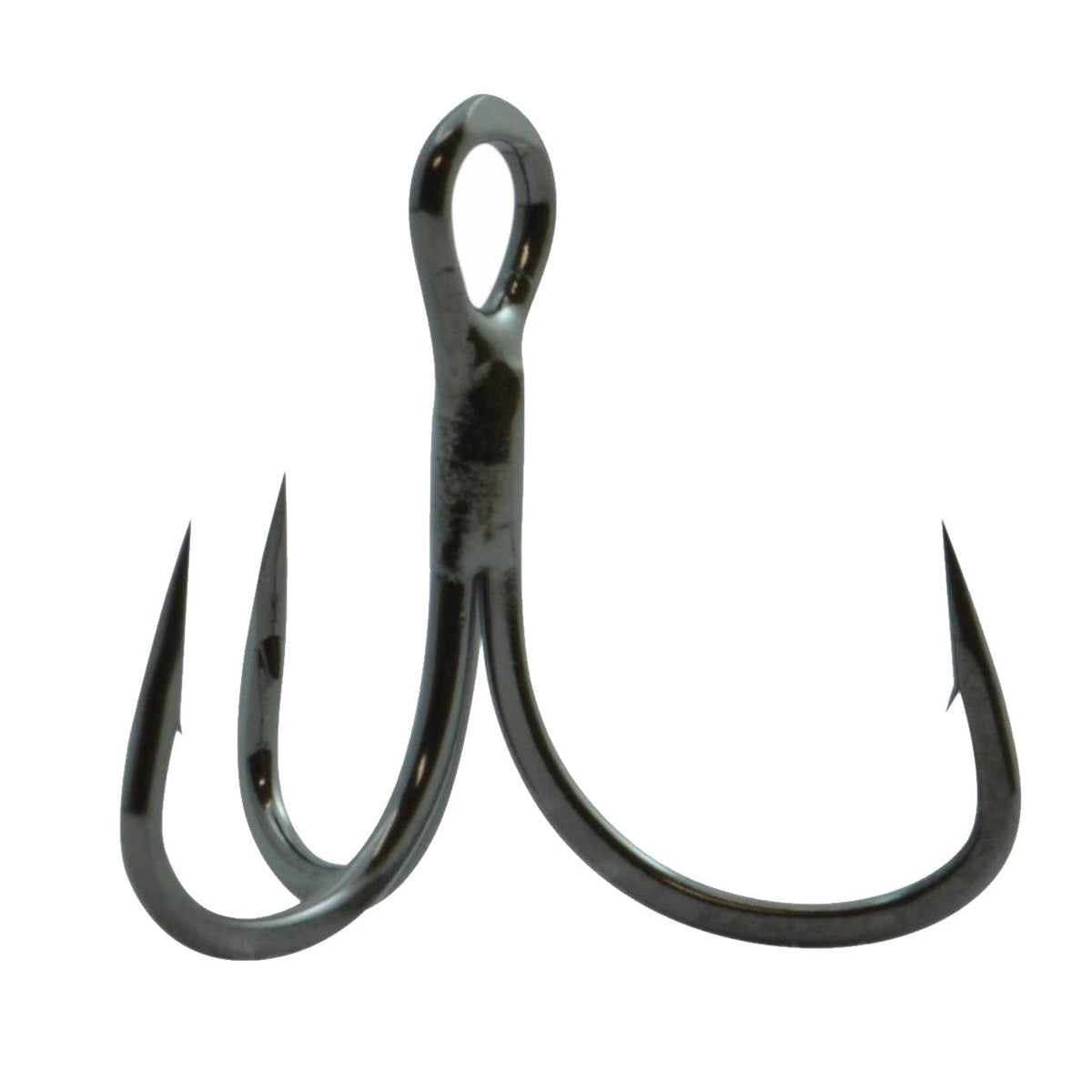 Gamakatsu EWG Short Shank Treble Hook featuring three sharp, curved points and a compact eyelet, designed for use with fishing tackle and lures.
