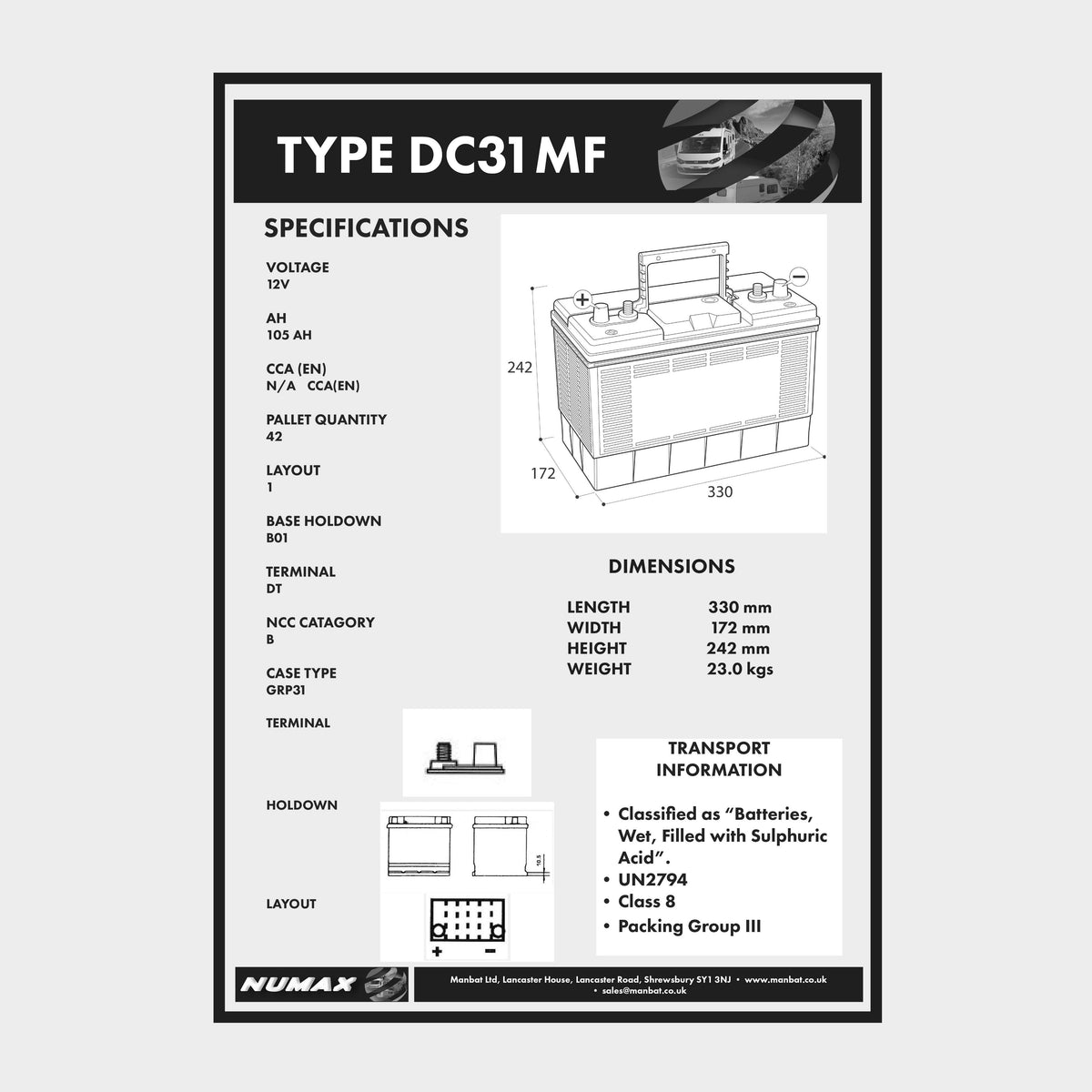 DC31MF 12V 105Ah Sealed Leisure Battery
