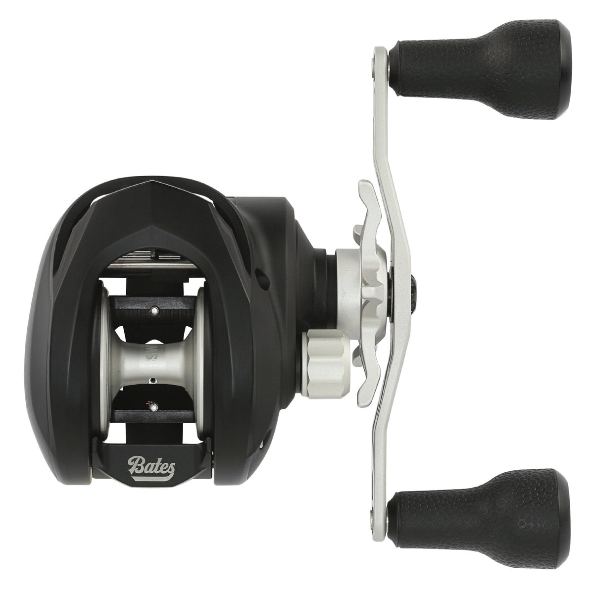 Bates Fishing Company G.O.A.T SWM Casting Reel in black with silver accents, featuring ergonomic dual handles and a durable spool for fishing tackle use.