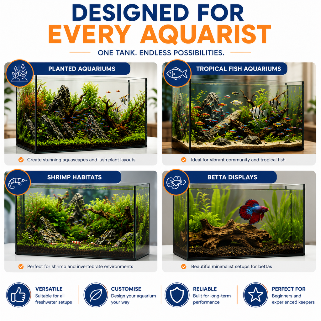 Aquael 45L Glass Aquarium Fish Tank 50x30x30cm, Black Silicone