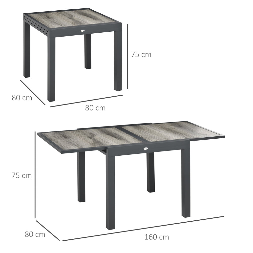 Extending Garden Table for 6 w/ Aluminium Frame & Plastic Board Tabletop, 80/160 x 80 x 75 cm, Grey
