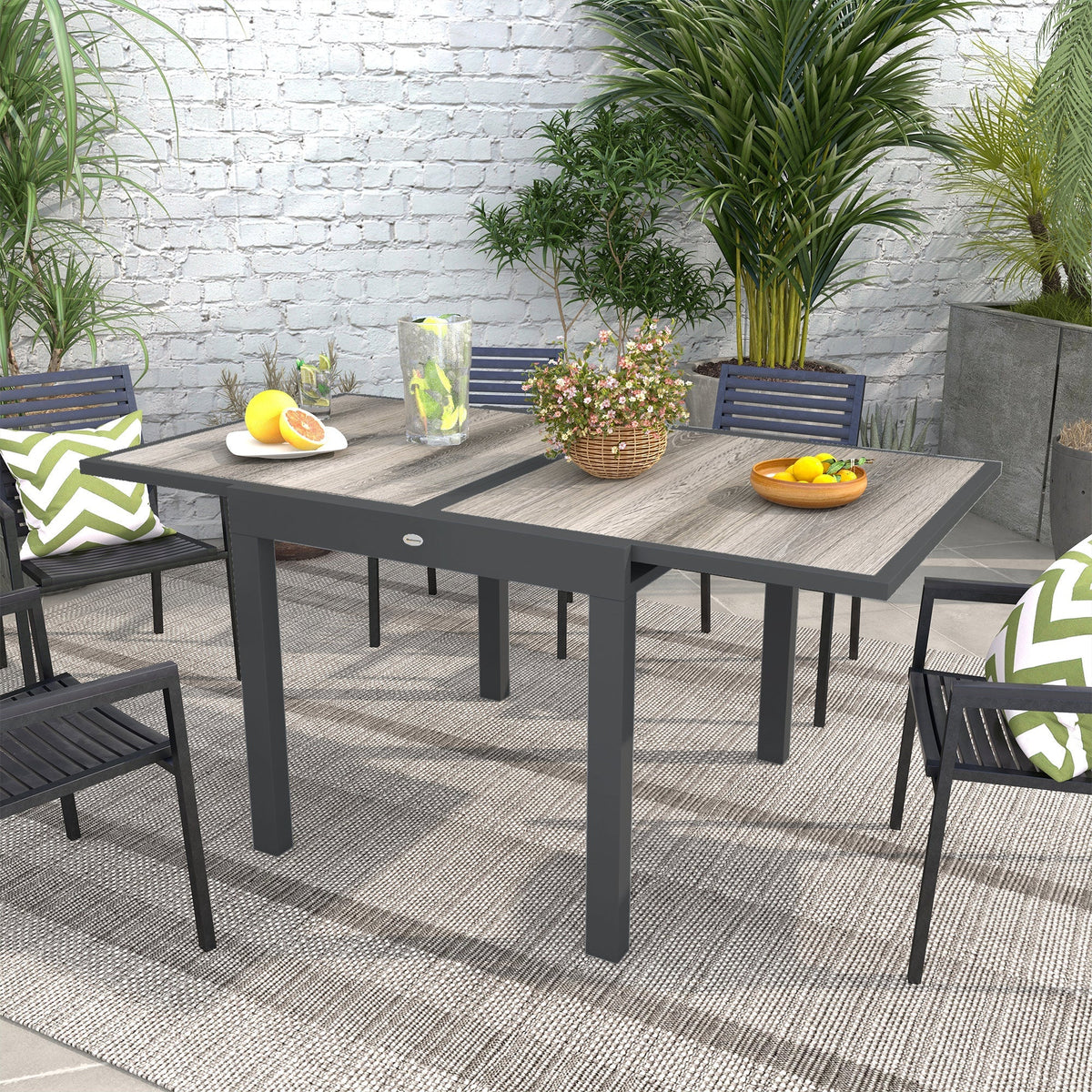 Extending Garden Table for 6 w/ Aluminium Frame & Plastic Board Tabletop, 80/160 x 80 x 75 cm, Grey