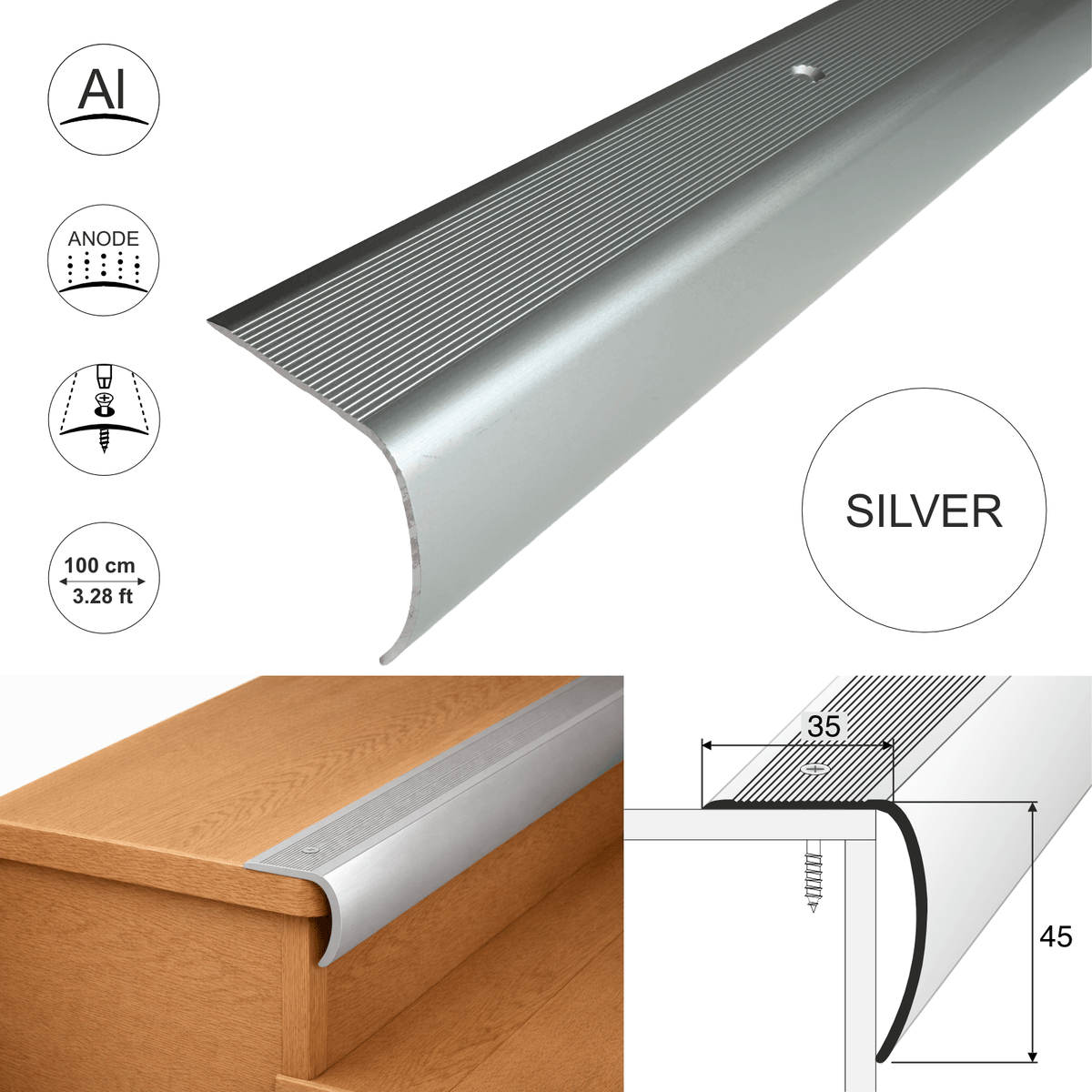 Silver aluminium stair nosing bullnose edge trim with 35×45mm dimensions and installation example