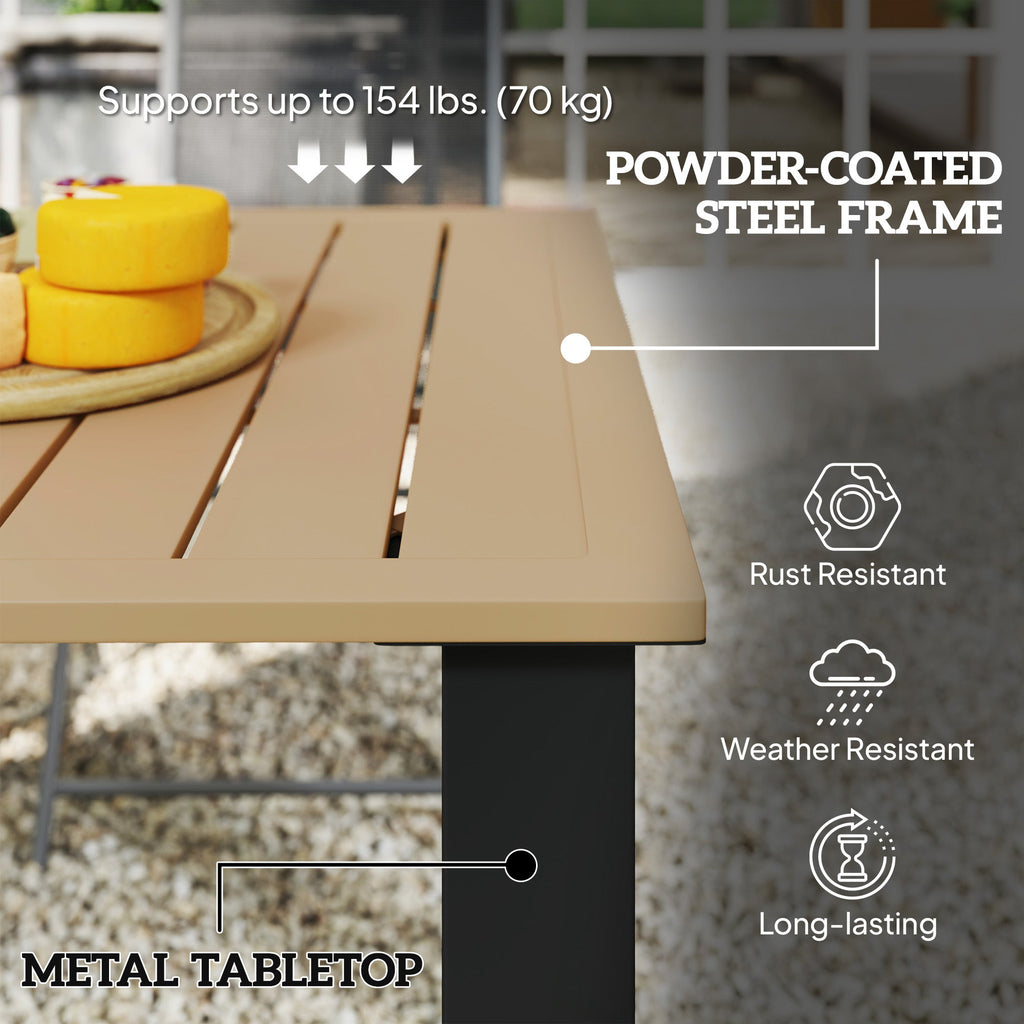 59" Outdoor Patio Table with Umbrella Hole & Slatted Tabletop for Backyard Garden, Brown