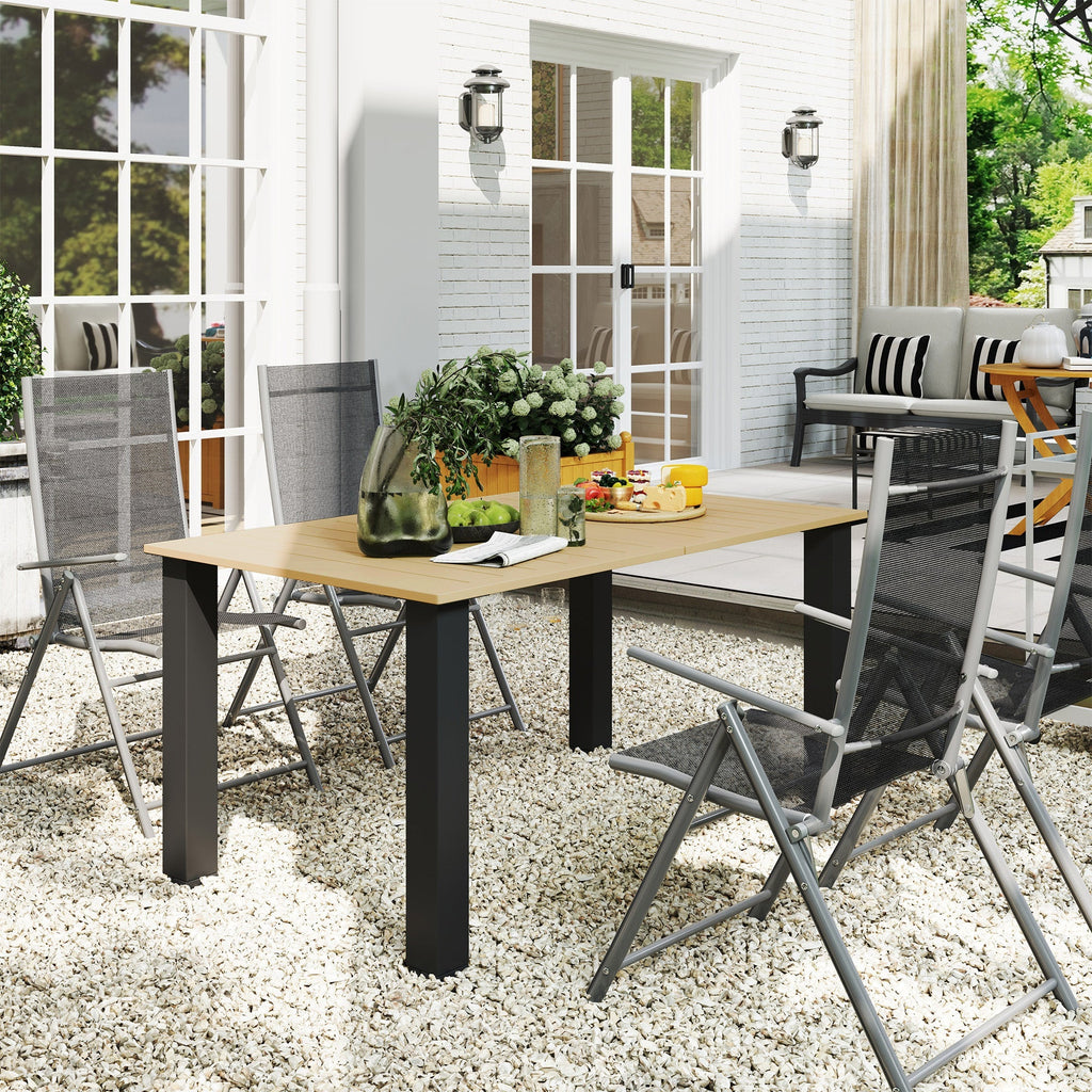 59" Outdoor Patio Table with Umbrella Hole & Slatted Tabletop for Backyard Garden, Brown