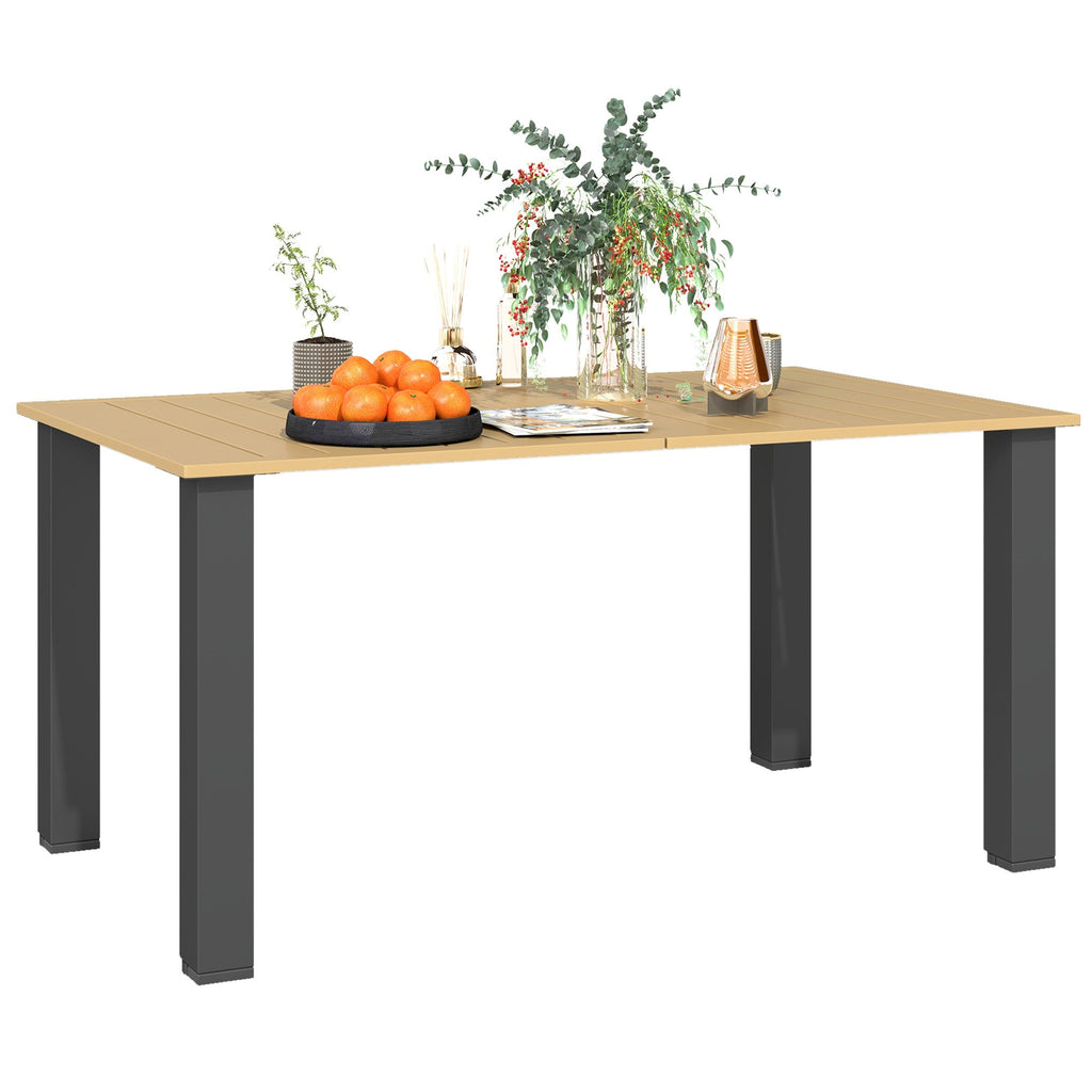 59" Outdoor Patio Table with Umbrella Hole & Slatted Tabletop for Backyard Garden, Brown