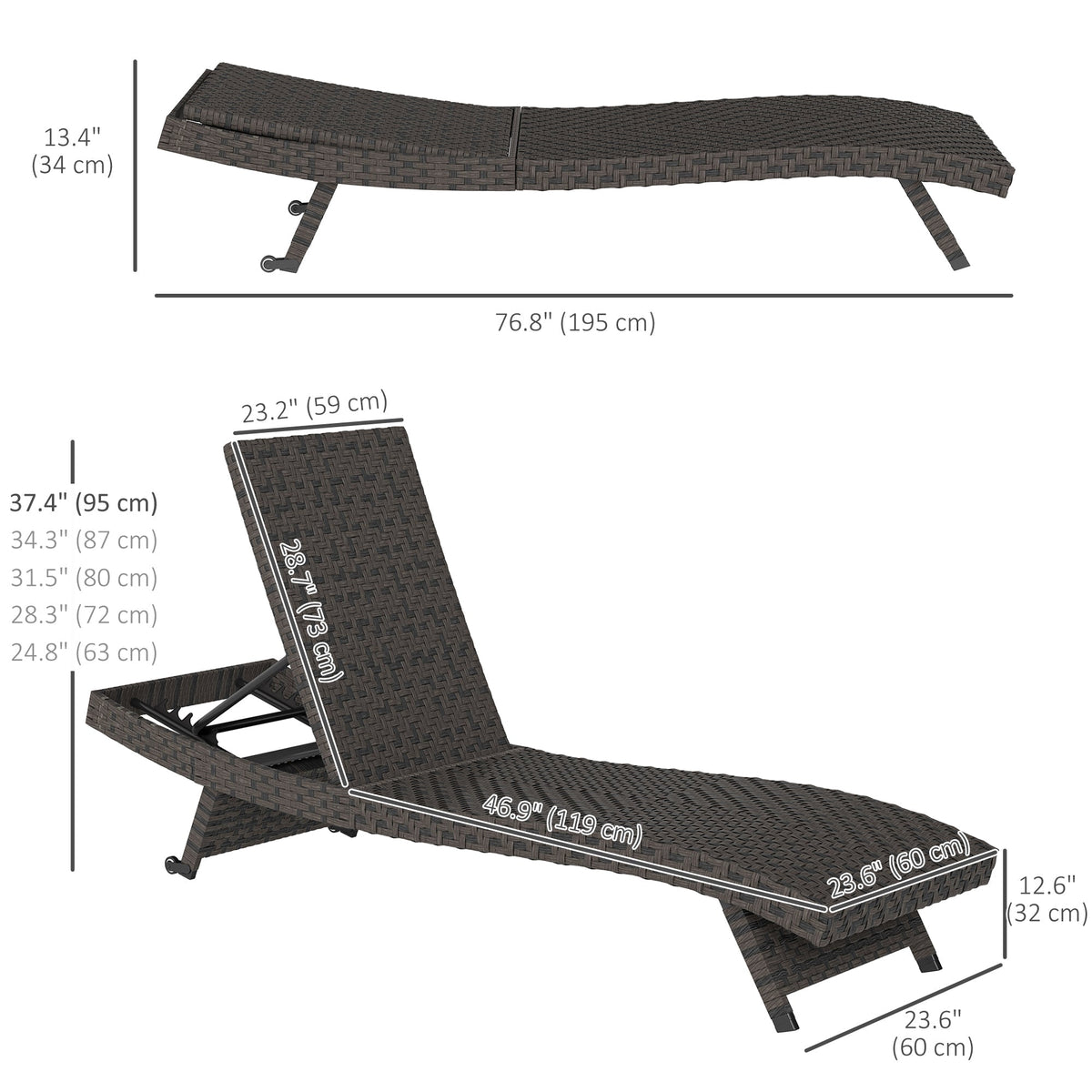 Rattan FoldingLounger Recliner with 5-Level Adjustable Backrest & Wheels, Mixed Brown