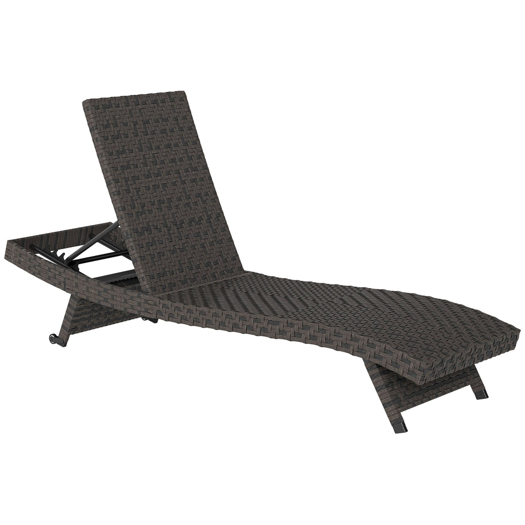 Rattan FoldingLounger Recliner with 5-Level Adjustable Backrest & Wheels, Mixed Brown